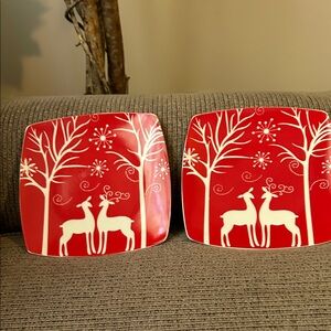 Festive Red Holiday Plates with Reindeer Design set of 2